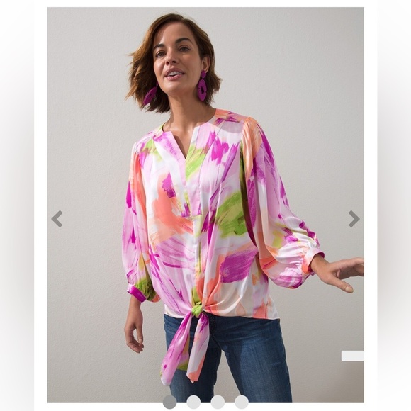 Chico's Floral Tie-Front Top Kalmia Watercolor Blouse Size 4 - Picture 1 of 11